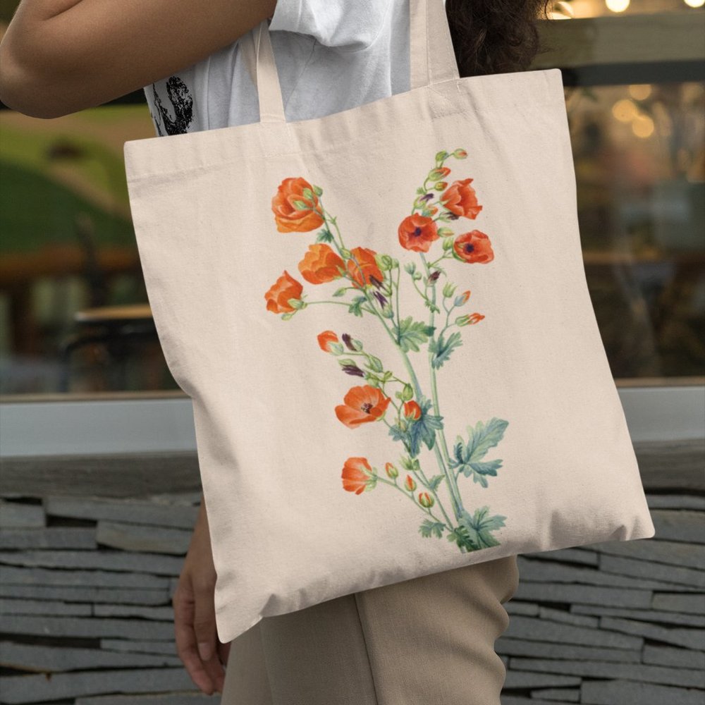 Scarlet Globe Mallow Vintage Watercolor Floral Print Graphic Canvas Tote Bag